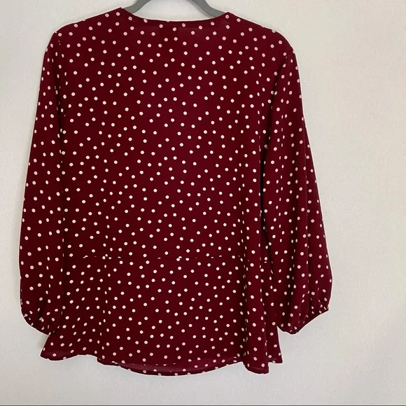 Bobeau Side Button Wrap Blouse Burgundy/Ivory Dot - Picture 7 of 14